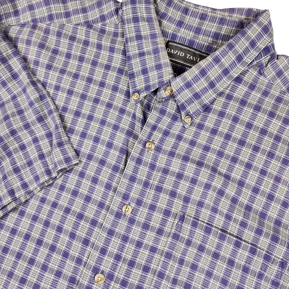 David‎ Taylor Button Down Shirt Mens 2XL Purple Plaid Short Sleeve Casual Dad